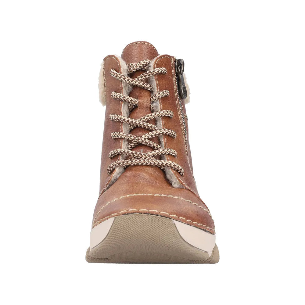 Rieker 45931-24 women's brown ankle boots with zip and lace-up detail, cozy fur lining, and durable rubber sole.
