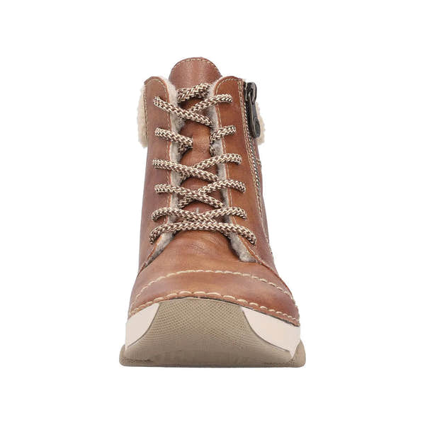 Rieker 45931-24 women's brown ankle boots with zip and lace-up detail, cozy fur lining, and durable rubber sole.