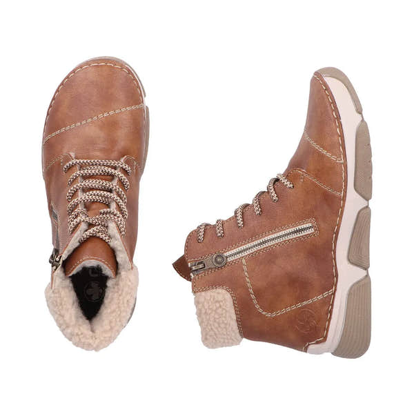 Rieker 45931-24 Women's Brown Zip & Lace Ankle Boots with Faux Shearling lining and textured rubber outsole.