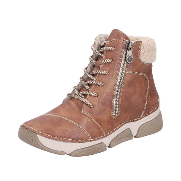 Rieker 45931-24 women's brown ankle boots with zip and lace-up design, faux shearling collar, chunky sole, and side zipper detail.