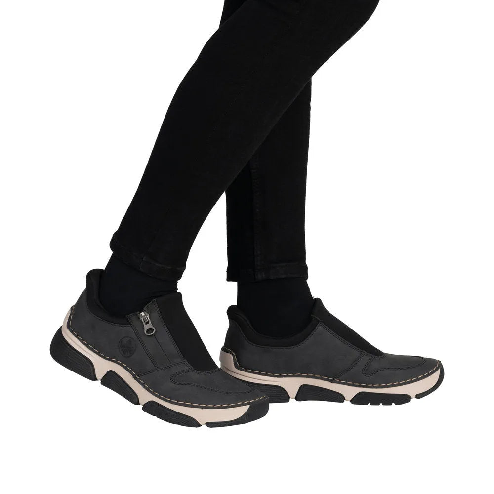 Rieker 45965-45 Ready2Go women's grey slip-on shoes with black elastic panel and textured sole.