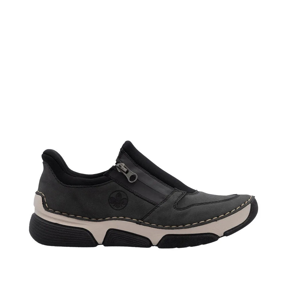 Rieker 45965-45 Ready2Go women's grey slip-on shoes with zipper detail and cushioned sole.