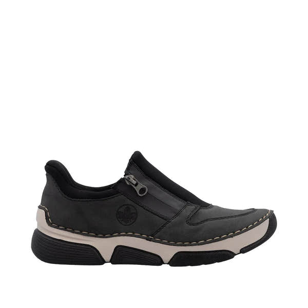 Rieker 45965-45 Ready2Go women's grey slip-on shoes with zipper detail and cushioned sole.