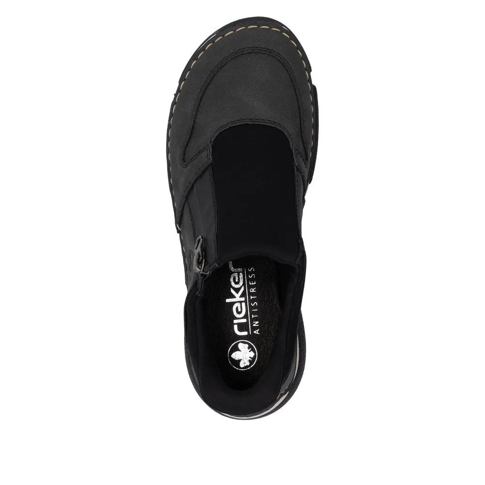 Rieker 45965-45 Ladies Grey Slip-On Shoes, casual comfort with Antistress sole, ergonomic design, and slip-on style for women.