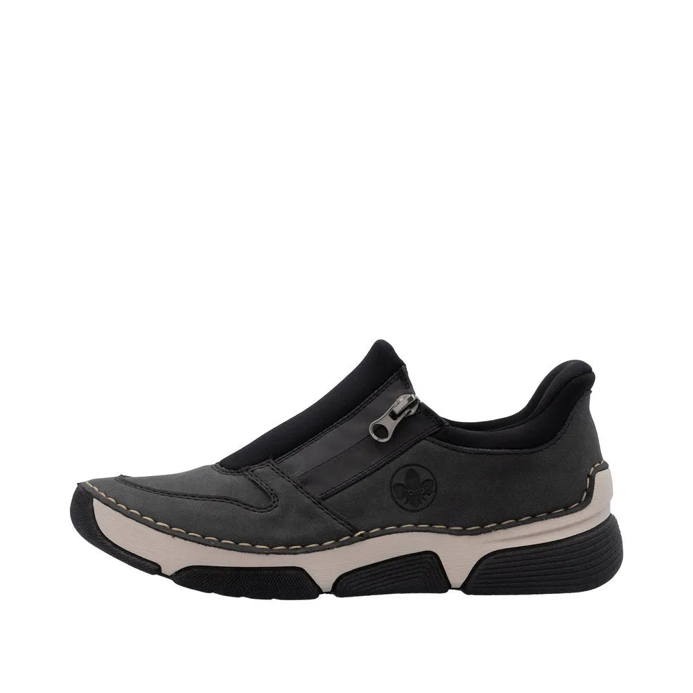 Rieker 45965-45 Ready2Go Ladies Grey Slip-On Shoes, casual slip-on with zipper detail, cushioned sole, and sporty design.