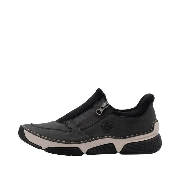 Rieker 45965-45 Ready2Go Ladies Grey Slip-On Shoes, casual slip-on with zipper detail, cushioned sole, and sporty design.