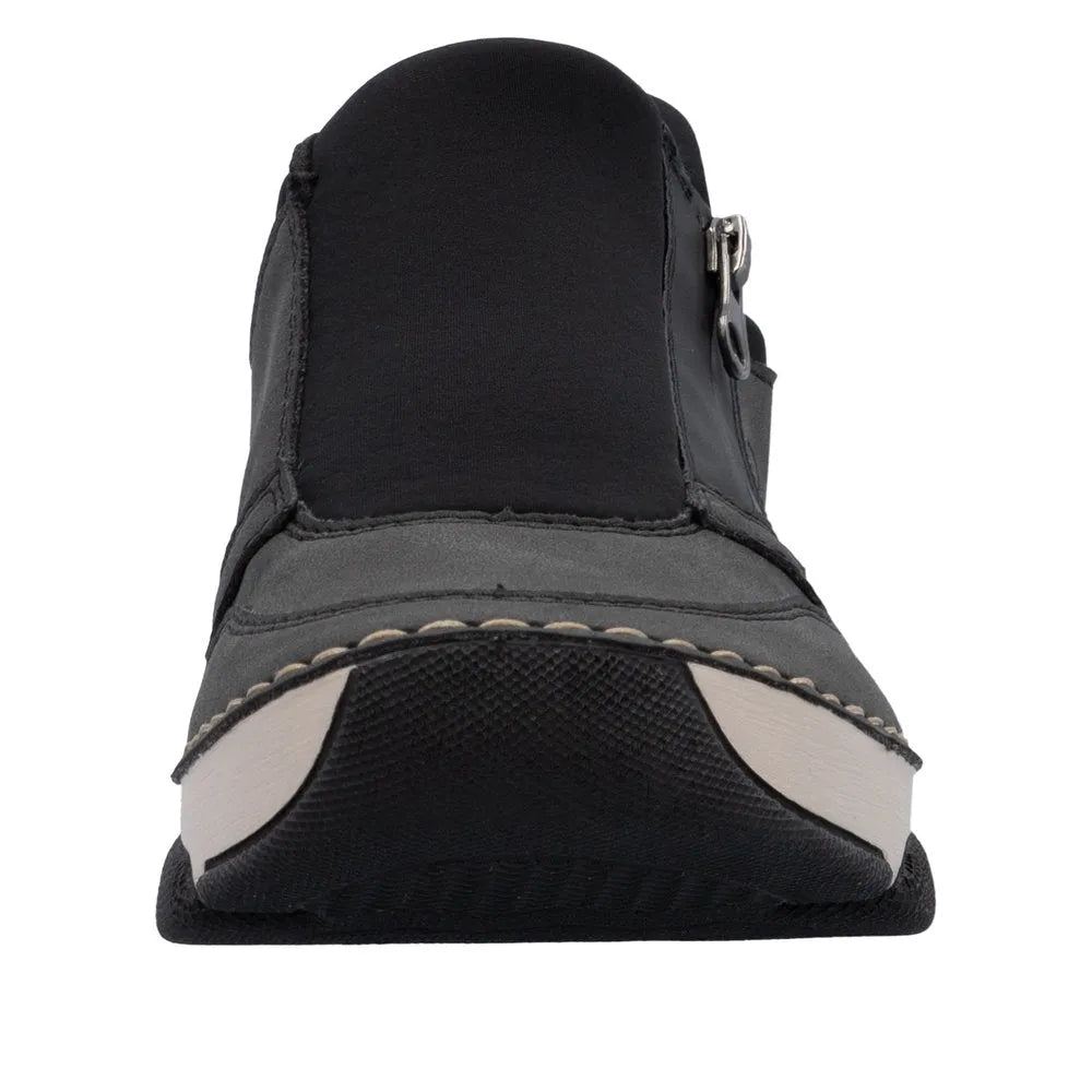 Rieker 45965-45 Ready2Go women's grey slip-on shoes with black and white sole, quick comfort design, and zipper detail.