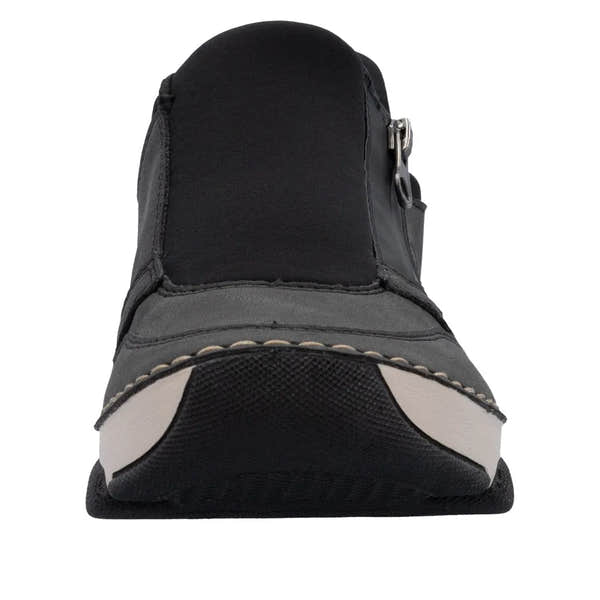 Rieker 45965-45 Ready2Go women's grey slip-on shoes with black and white sole, quick comfort design, and zipper detail.