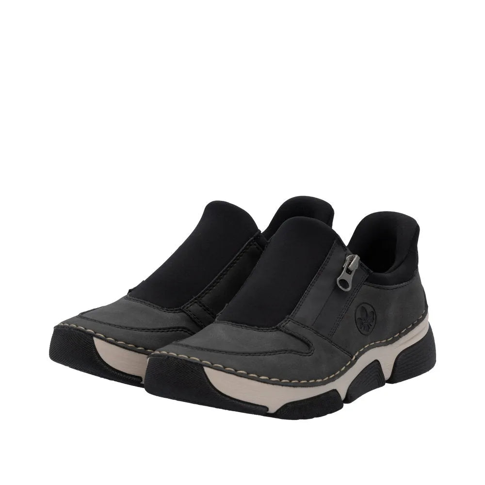 Rieker 45965-45 Ladies Grey Slip-On Shoes with cushioned sole and zipper detail, designed for comfort and style.