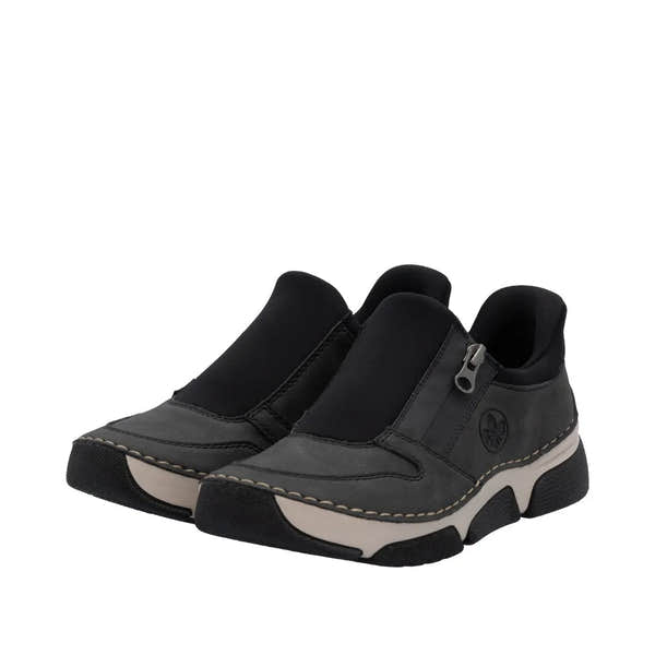Rieker 45965-45 Ladies Grey Slip-On Shoes with cushioned sole and zipper detail, designed for comfort and style.