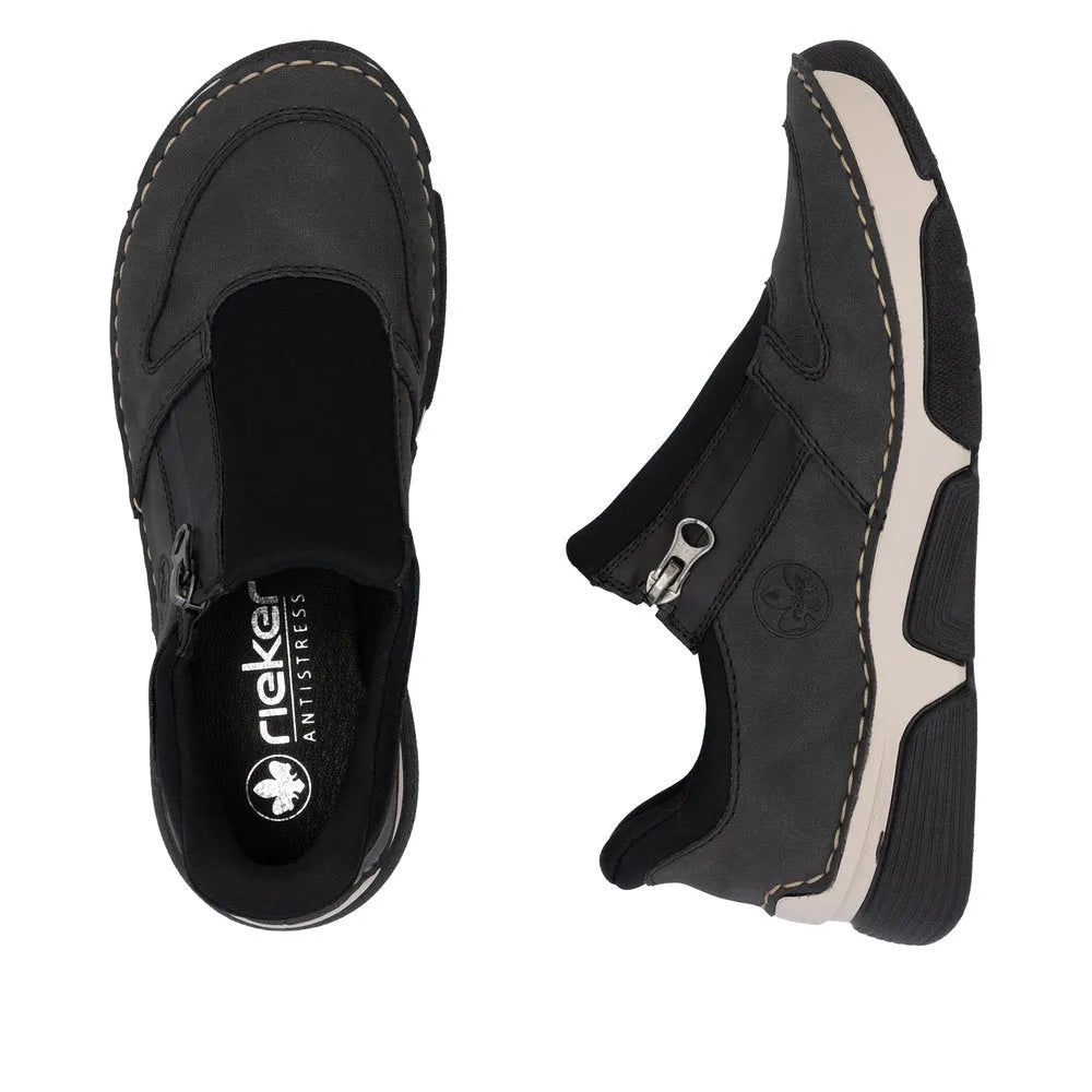 Rieker 45965-45 Ready2Go women's grey slip-on shoes with cushioned soles and zipper detail, stylish and comfortable for everyday wear.