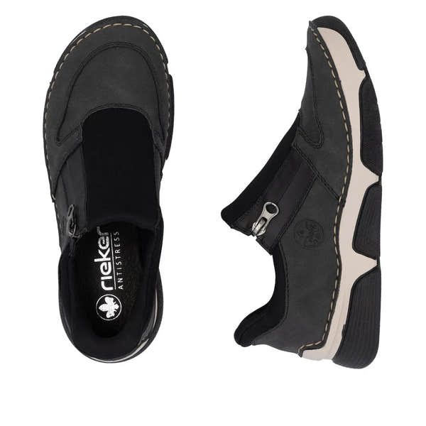 Rieker 45965-45 Ready2Go women's grey slip-on shoes with cushioned soles and zipper detail, stylish and comfortable for everyday wear.