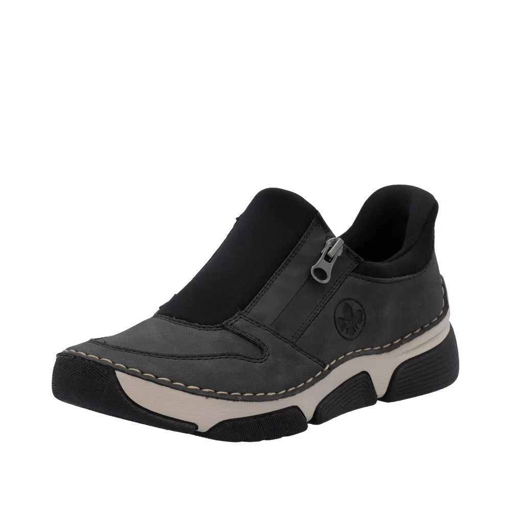 Rieker 45965-45 ladies gray slip-on shoes with zipper detail, cushioned insole, and chunky black and gray sole for comfort and style.