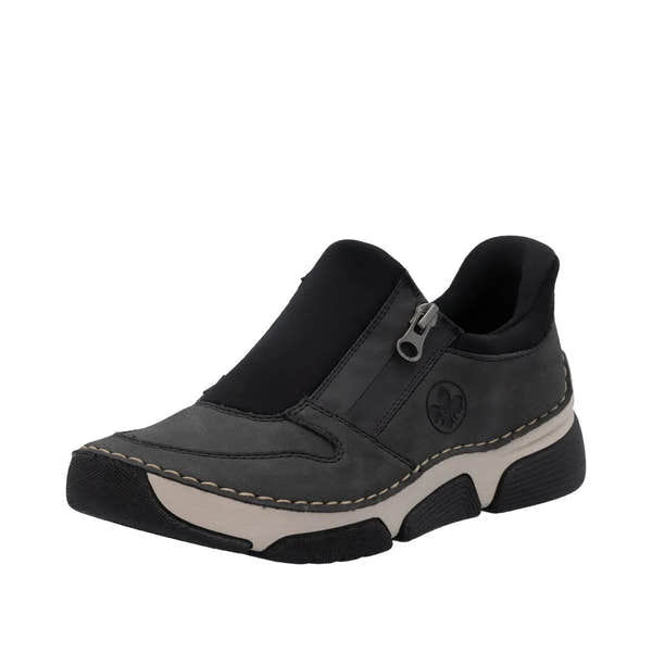 Rieker 45965-45 ladies gray slip-on shoes with zipper detail, cushioned insole, and chunky black and gray sole for comfort and style.