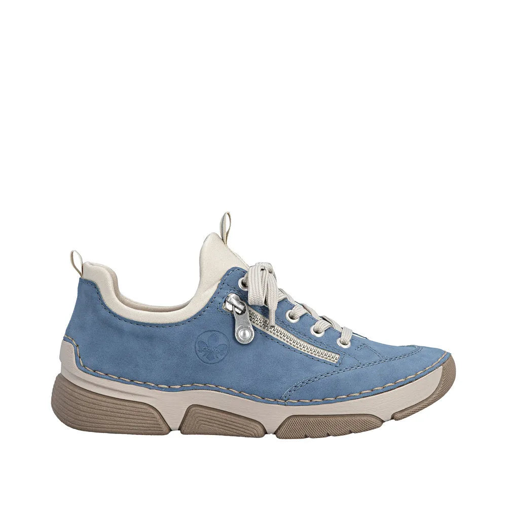 Light blue lace-up shoe with white accents, zipper detail, cushioned collar, and chunky beige sole, made of soft material.