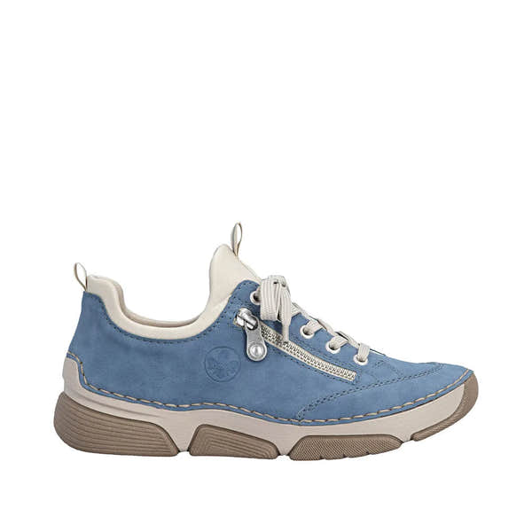 Light blue lace-up shoe with white accents, zipper detail, cushioned collar, and chunky beige sole, made of soft material.