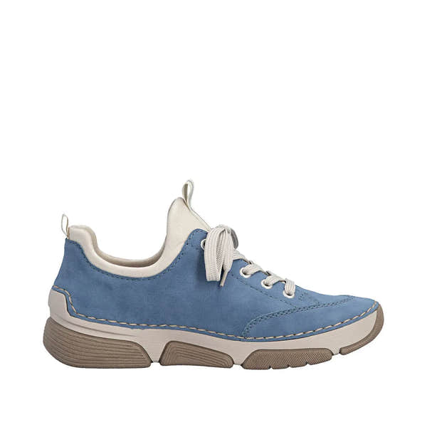 Light blue lace-up shoe with white accents, padded collar, beige sole, and chunky rubber outsole.