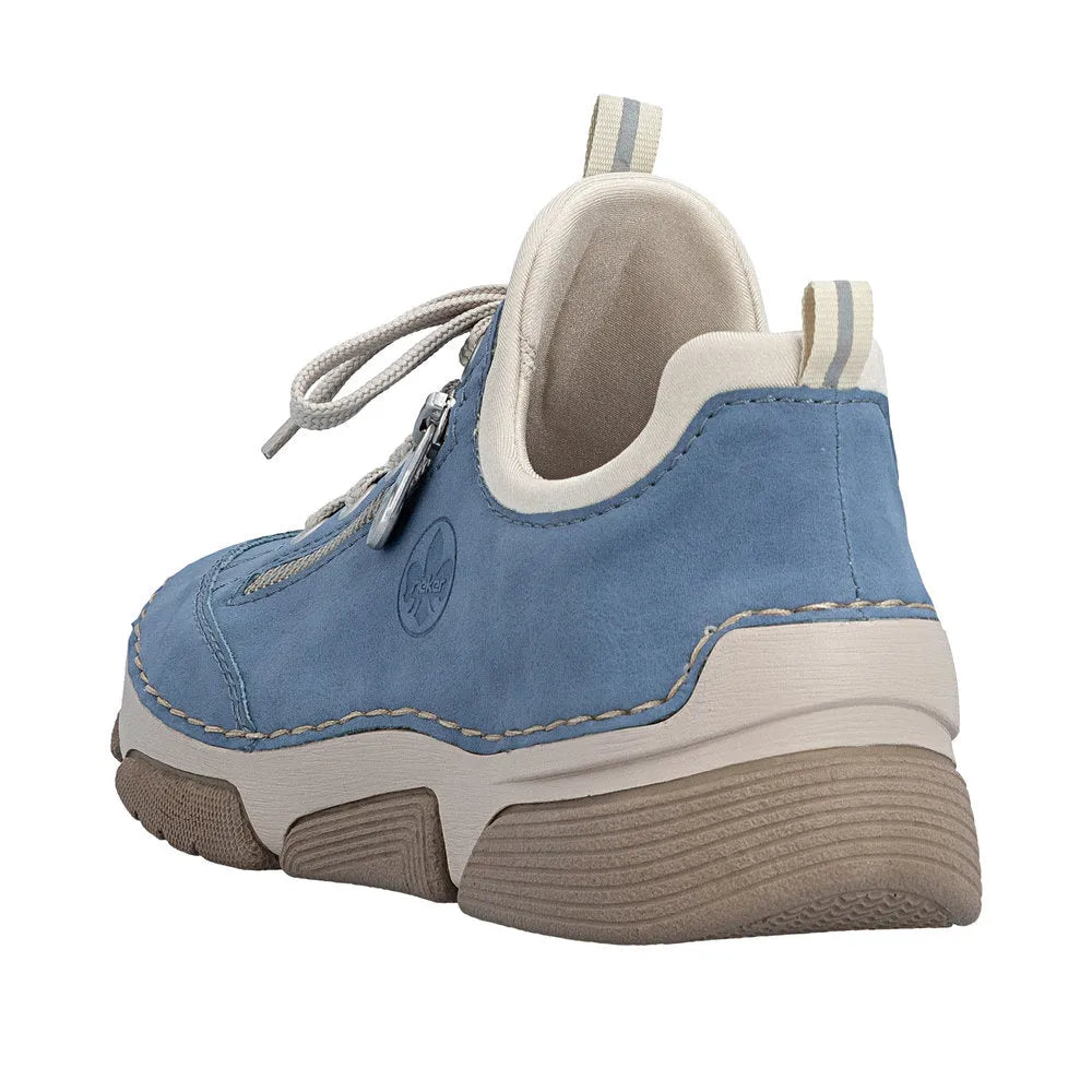 Light blue lace-up shoes for women with beige accents, cushioned collar, and chunky sole, made of soft material.