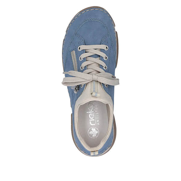 Light blue lace-up shoe with white laces, zipper detail, and beige accents, made of leather-like material, from a top view.