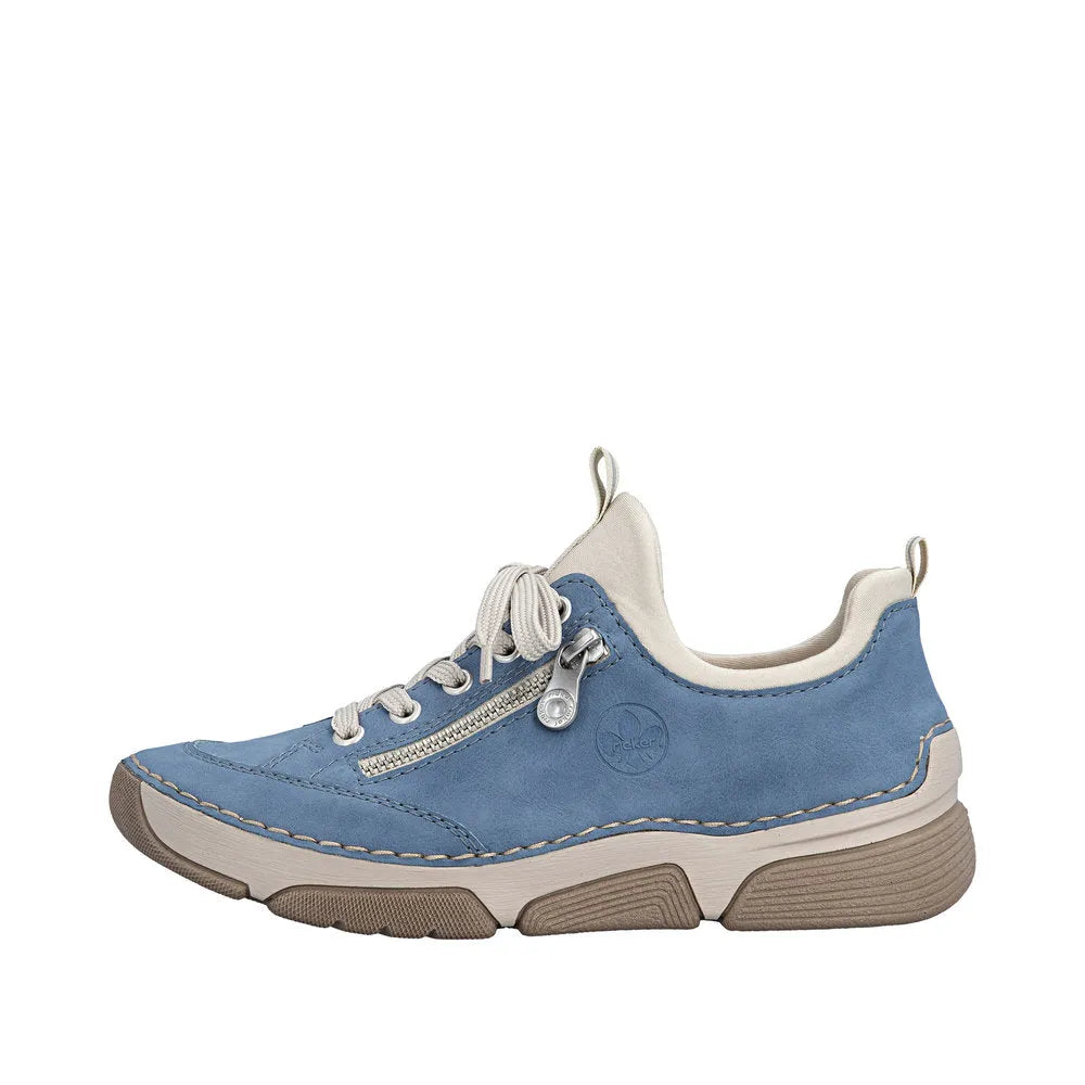Light blue lace-up shoe with side zipper, white interior, cushioned sole, and beige accents, made of suede material.