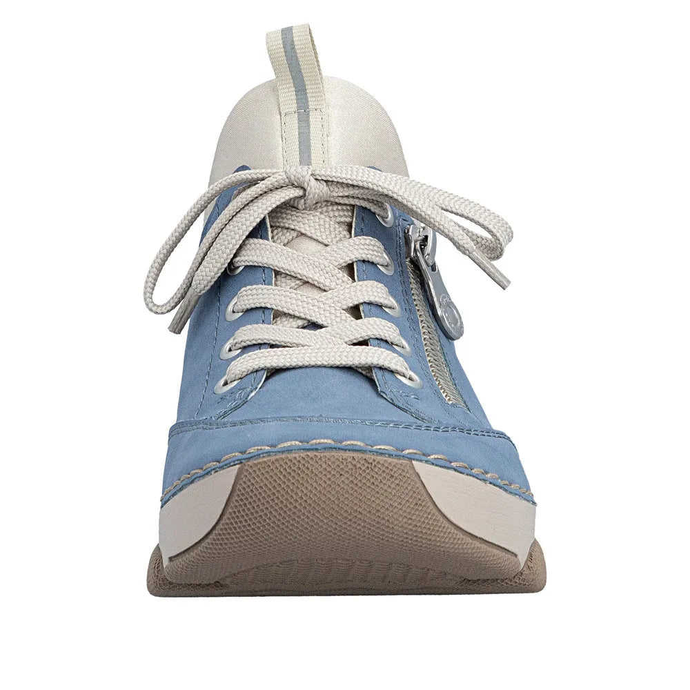 Light blue lace-up shoe with white laces, beige sole, side zipper, and cream-colored accents on the heel tab.