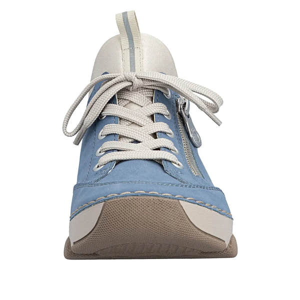 Light blue lace-up shoe with white laces, beige sole, side zipper, and cream-colored accents on the heel tab.