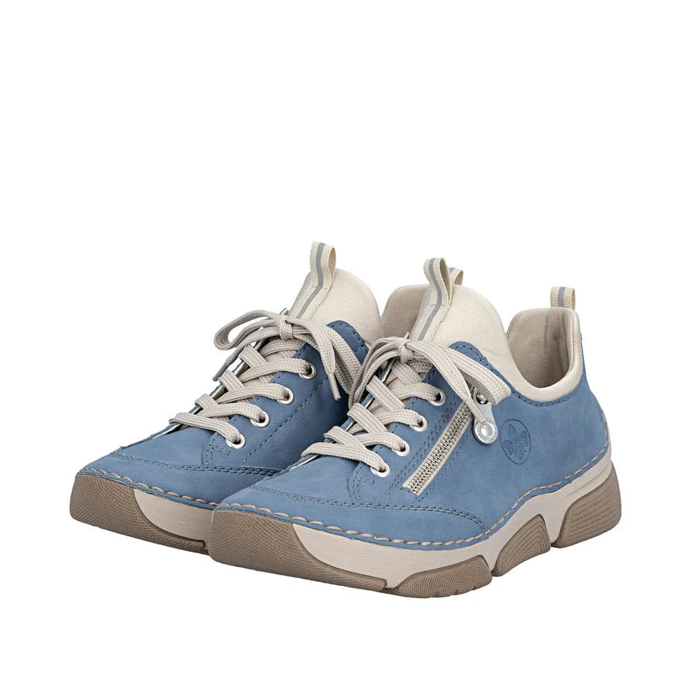Light blue lace-up shoes with beige accents, side zipper, thick beige sole, and padded collar for women.