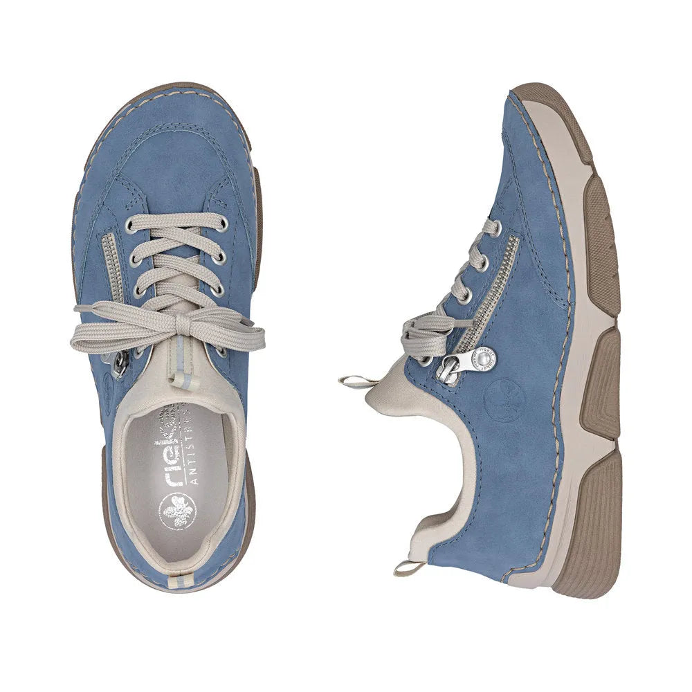 Blue lace-up shoes with beige accents, zipper detail, cushioned sole, and casual sneaker style.