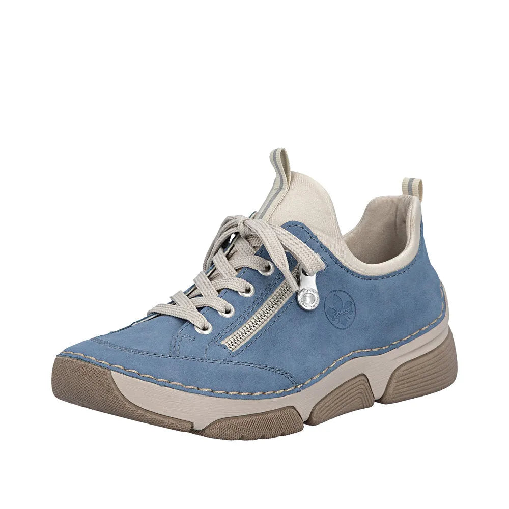 Light blue lace-up shoe with beige accents, mesh zipper detail, cushioned collar, and chunky beige sole.