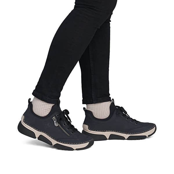 Rieker 45973-17 women's navy/black elasticated shoes, on-foot lifestyle view.