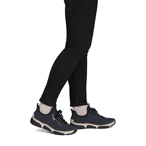Rieker 45973-17 women's navy/black elasticated shoes, on-foot lifestyle view.