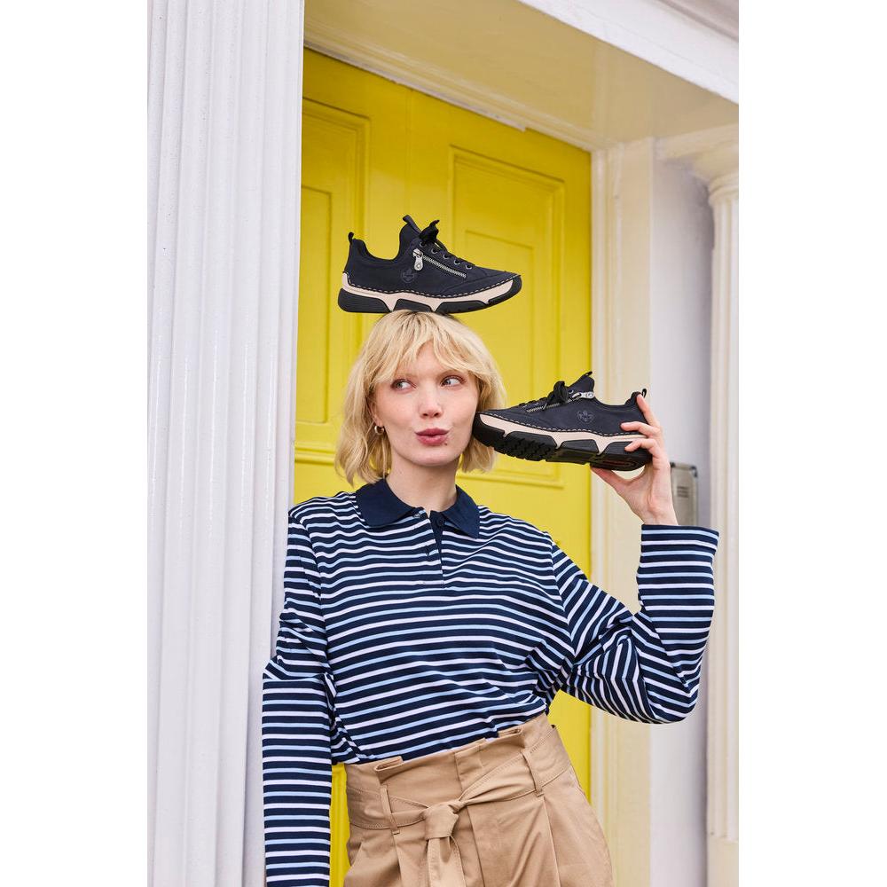 Rieker 45973-17 women's navy/black elasticated shoes, lifestyle view 2 of 10.