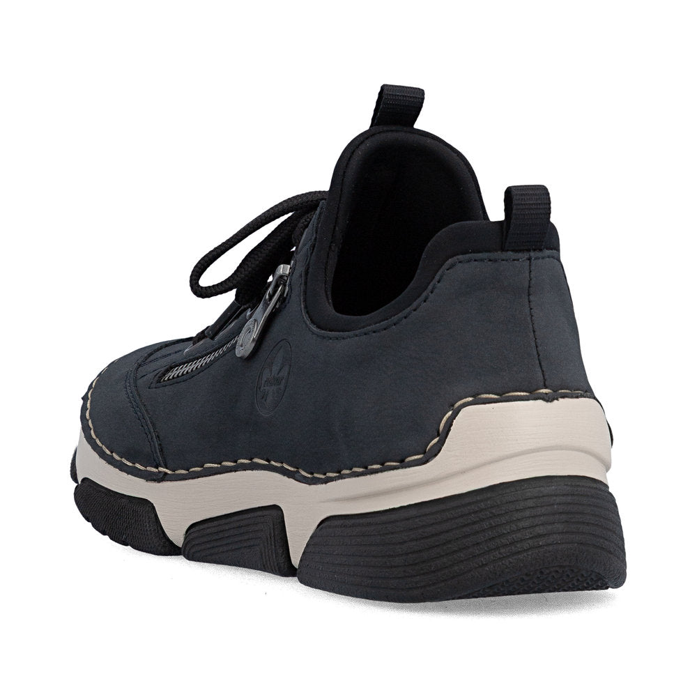 Rieker 45973-17 women's navy/black elasticated shoes, rear three-quarter view.