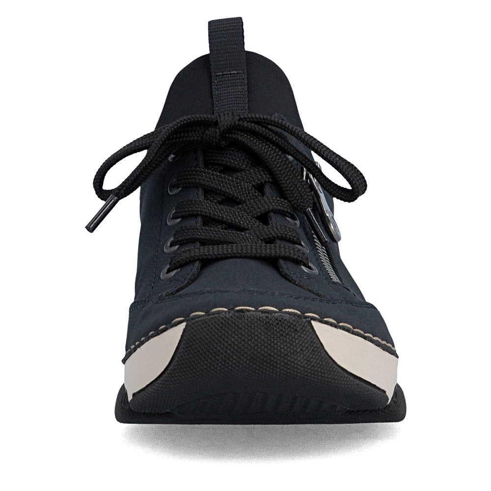 Rieker 45973-17 women's navy/black elasticated shoes, front view.