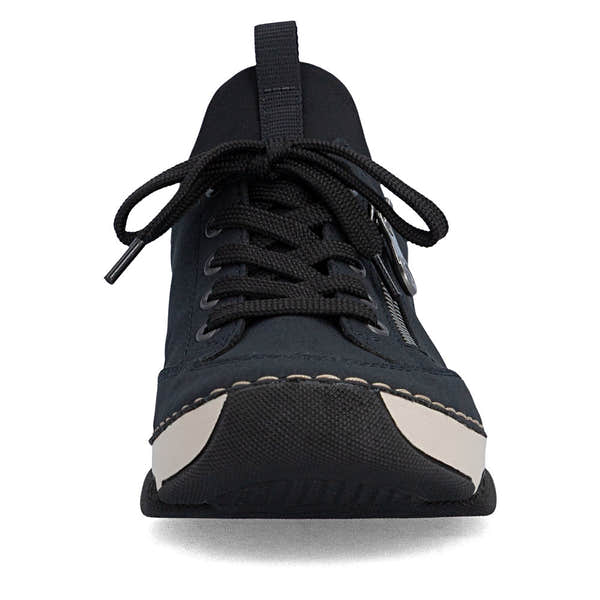 Rieker 45973-17 women's navy/black elasticated shoes, front view.