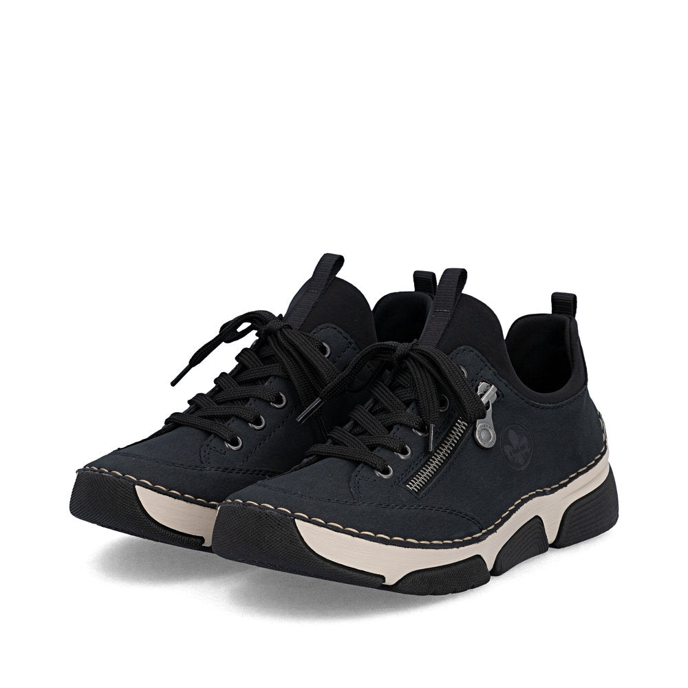 Rieker 45973-17 women's navy/black elasticated shoes, paired three-quarter view.