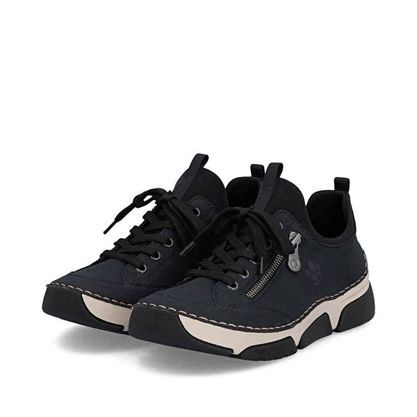Rieker 45973-17 women's navy/black elasticated shoes, paired three-quarter view.