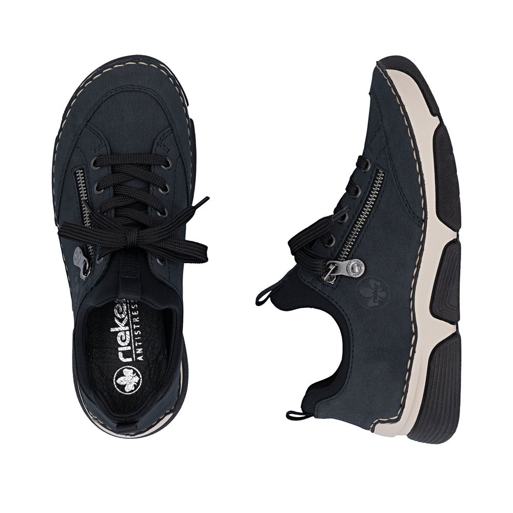 Rieker 45973-17 women's navy/black elasticated shoes, two-angle product view.