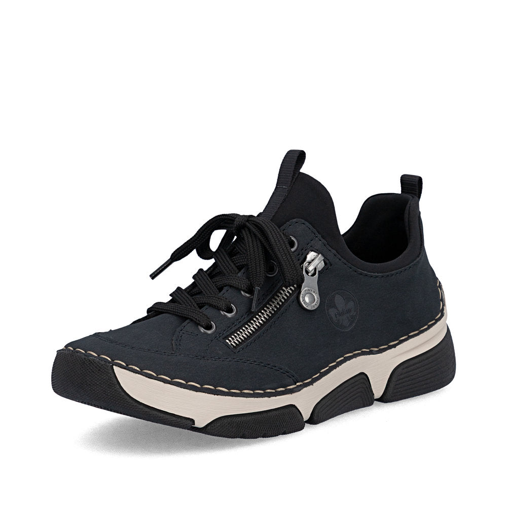 Rieker 45973-17 women's navy/black elasticated shoes, front three-quarter view.