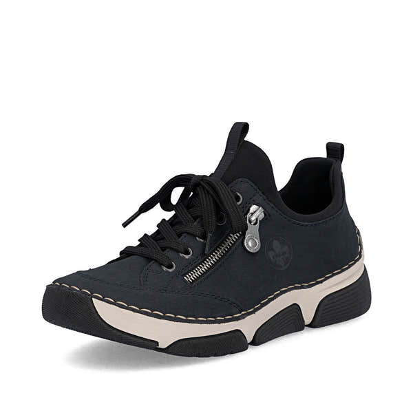 Rieker 45973-17 women's navy/black elasticated shoes, front three-quarter view.