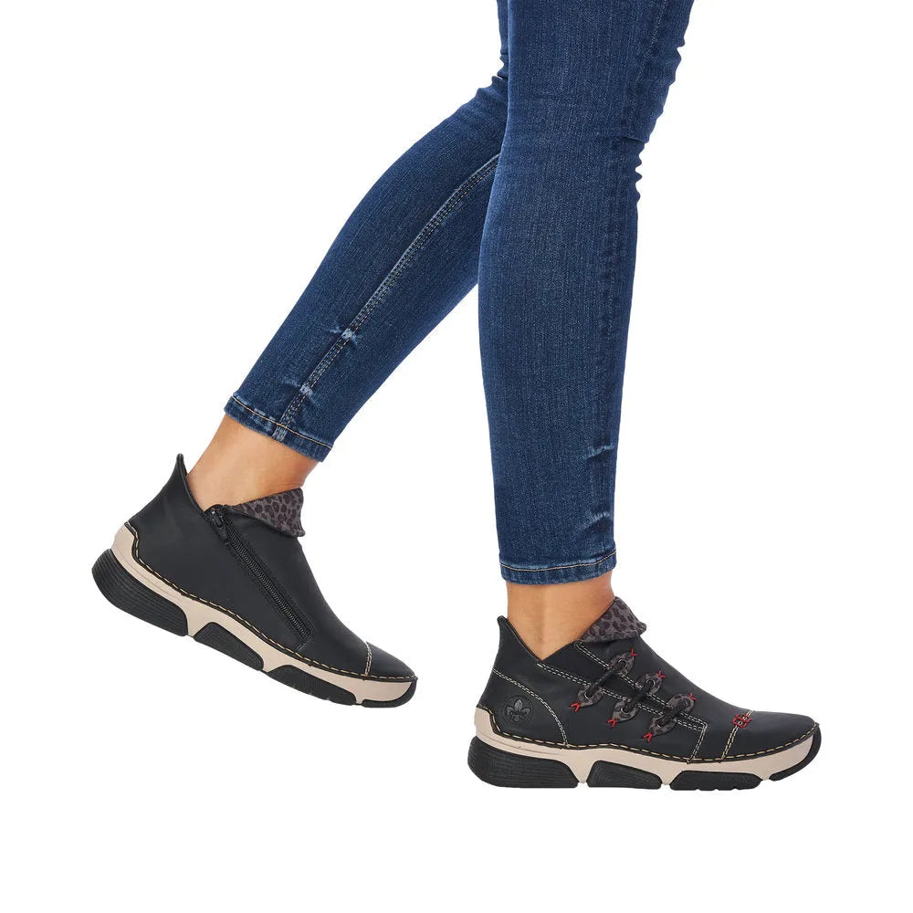 Rieker 45983-00 women's black hybrid side zip ankle boots with sporty sole and side zipper, stylish and comfortable footwear.