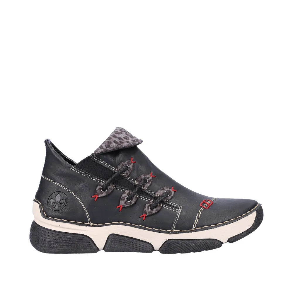 Rieker 45983-00 women's black multi-color ankle boots with side zipper, lace-up design, and rugged rubber sole.