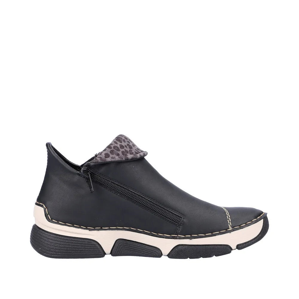 Rieker 45983-00 women's black ankle boots with side zipper and animal print collar, casual side-zip footwear for women.