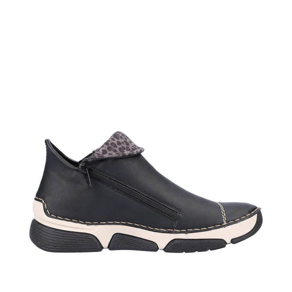 Rieker 45983-00 women's black ankle boots with side zipper and animal print collar, casual side-zip footwear for women.