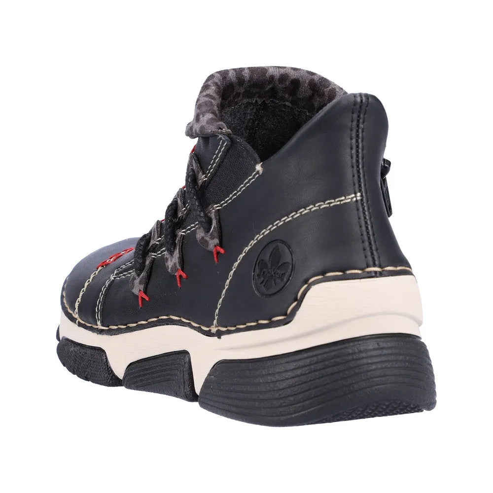 Rieker 45983-00 women's black combi side zip ankle boots with cushioned lining and chunky sole.