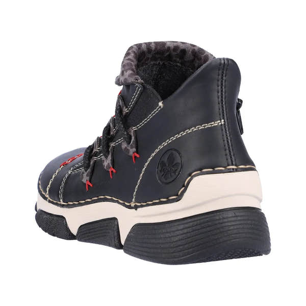 Rieker 45983-00 women's black combi side zip ankle boots with cushioned lining and chunky sole.