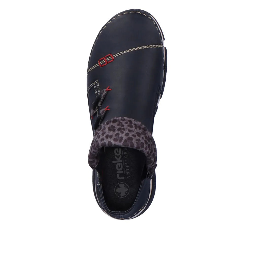 Rieker 45983-00 women's black ankle boots with side zipper, leopard print collar, and decorative stitching details.