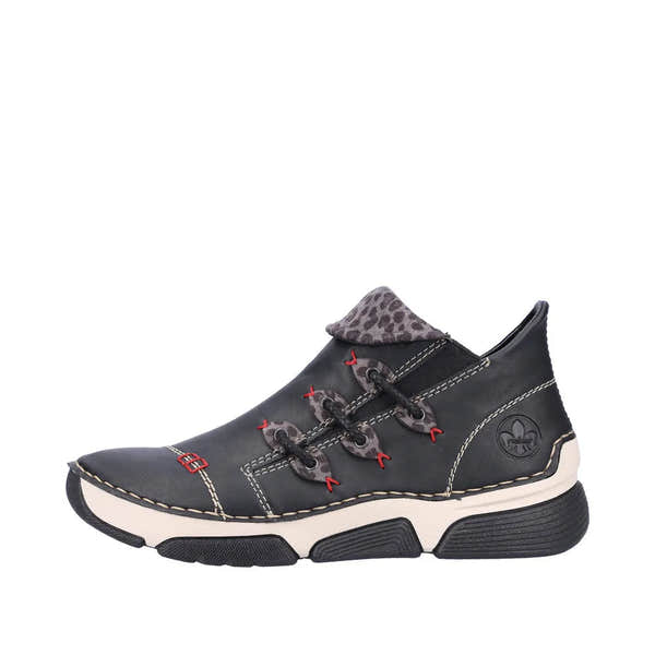 Rieker 45983-00 women's black ankle boot with side zipper, bold stitching, and leopard print detail on the tongue.