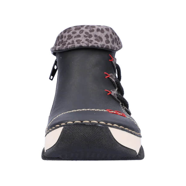 Rieker 45983-00 women's black ankle boots with side zipper, leopard print cuff, and lace-up detail.
