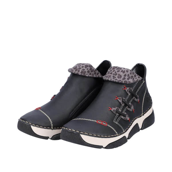 Rieker 45983-00 women's black ankle boots with side zip, leopard print collar, chunky sole, and detailed stitching.